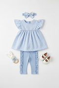 Girls pastel baby blue cotton ruffle leggings styled with matching baby blue gingham flutter sleeve dress