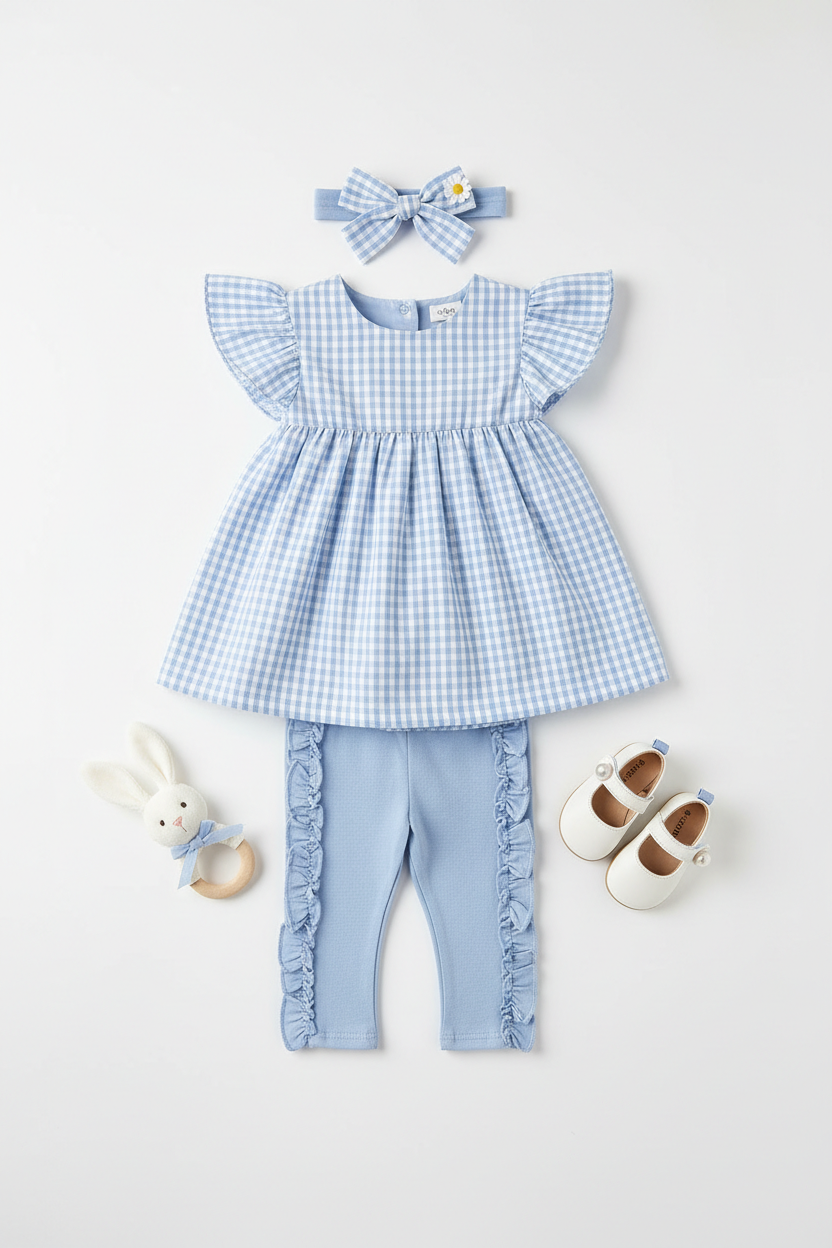 Girls pastel baby blue cotton ruffle leggings styled with matching baby blue gingham flutter sleeve dress