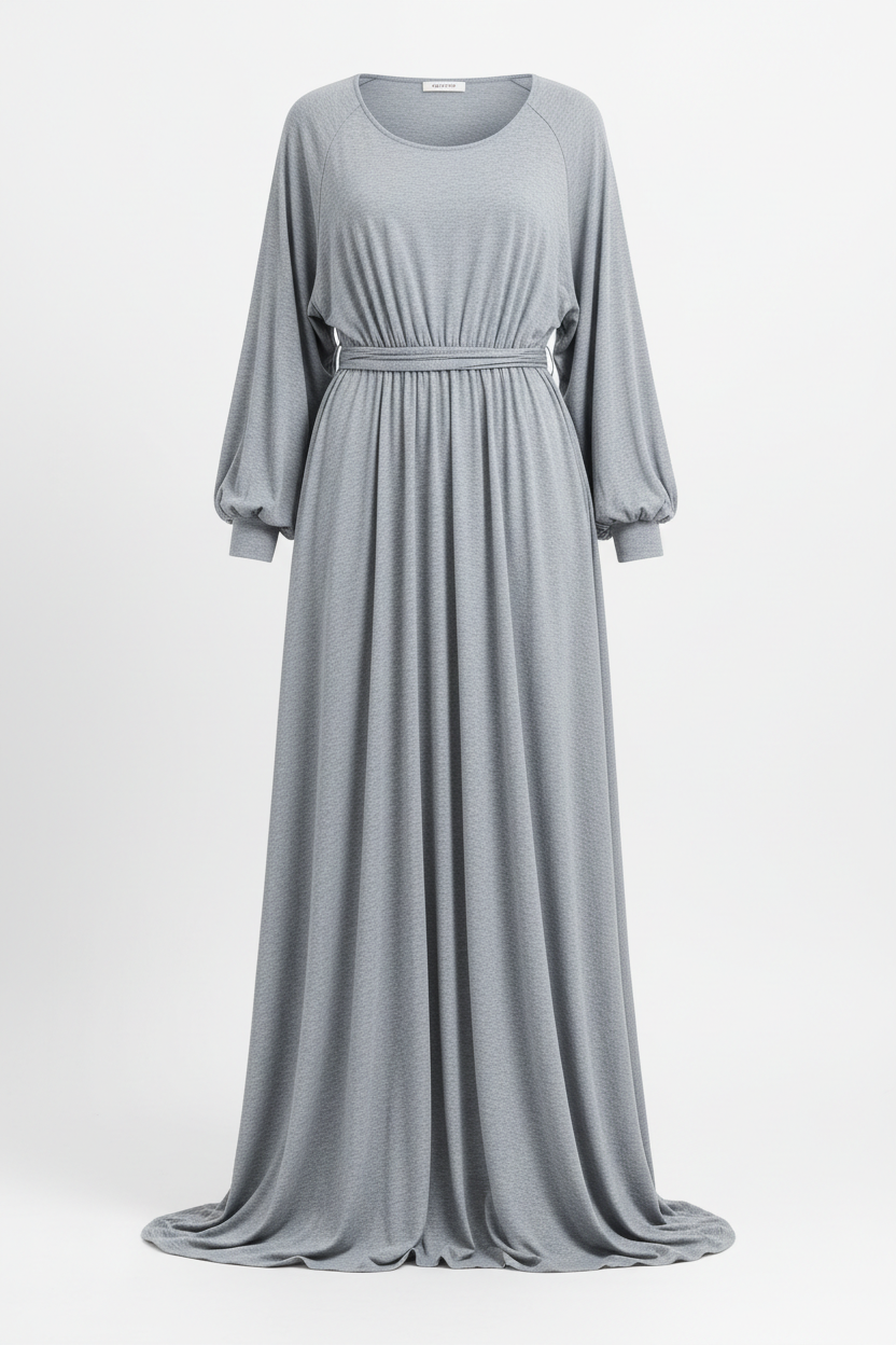 Cotton Long Sleeve Maxi Dress with Cinched Waist in gray