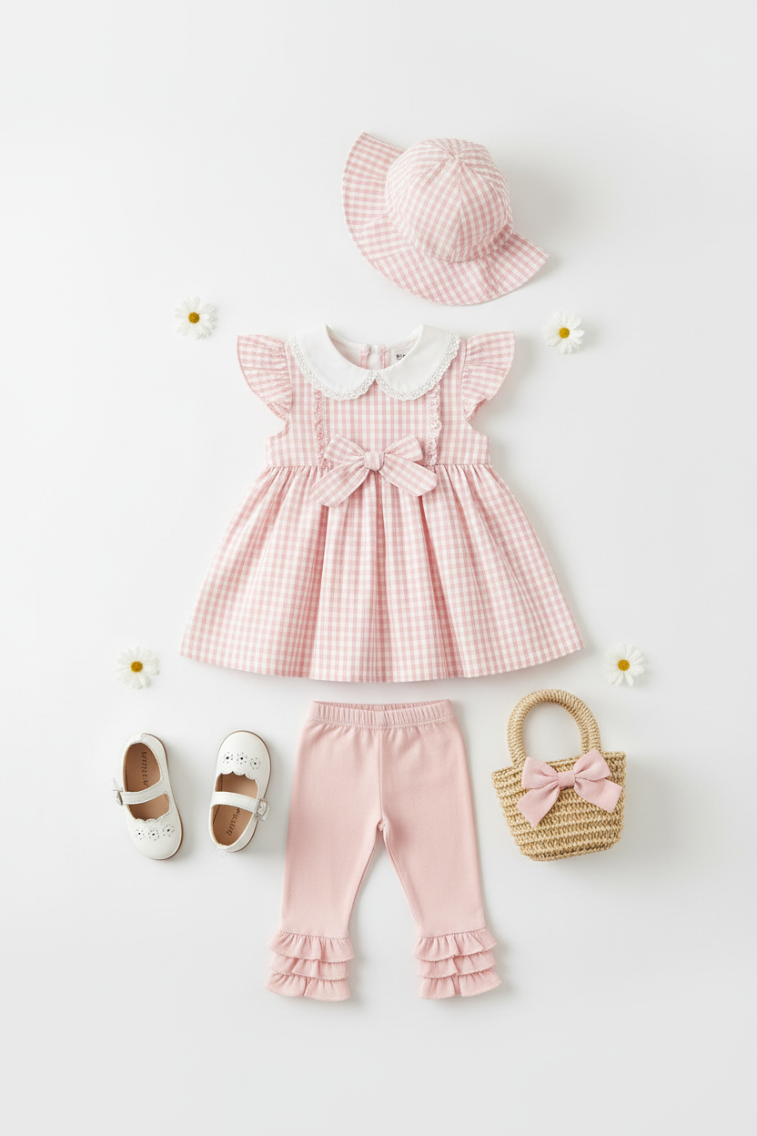 Girls pastel pink cotton ruffle leggings styled with matching pink gingham flutter sleeve dress