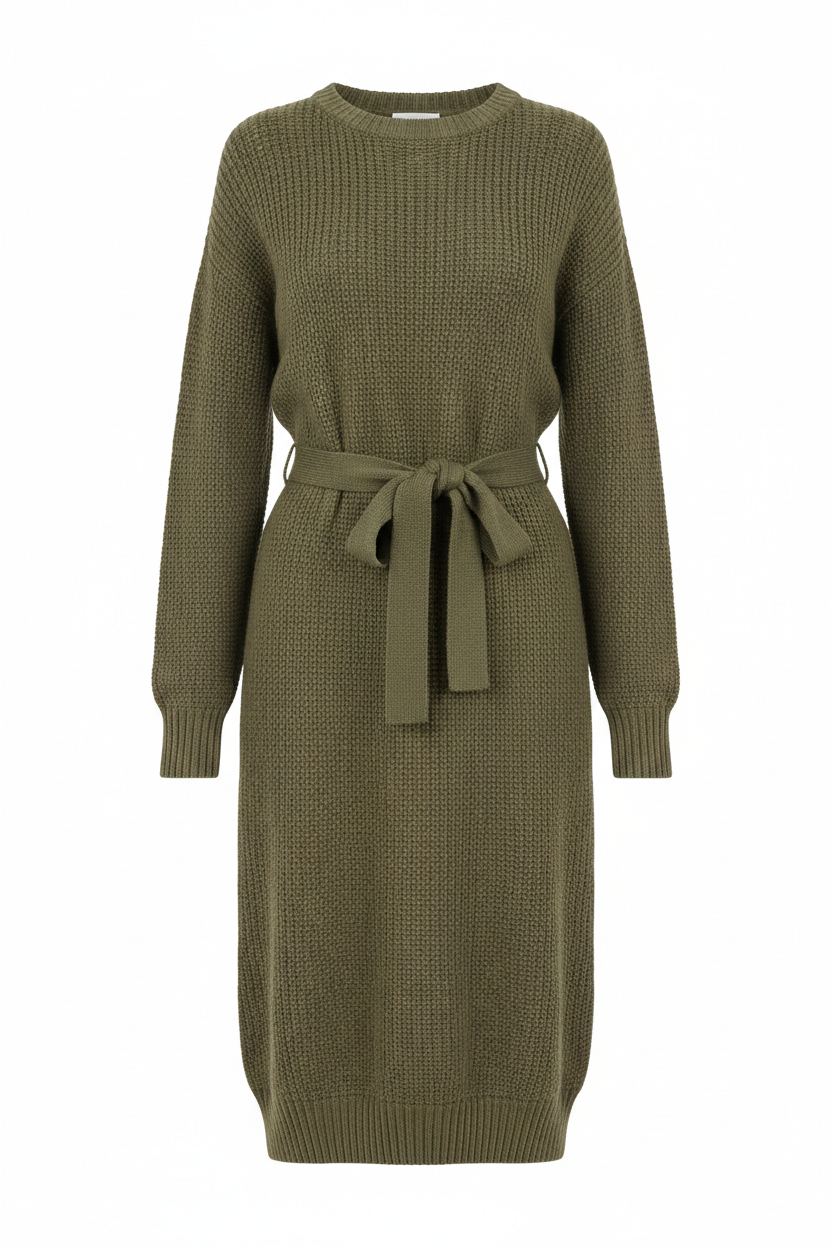 Cotton Knee Length Sweater Dress in olive