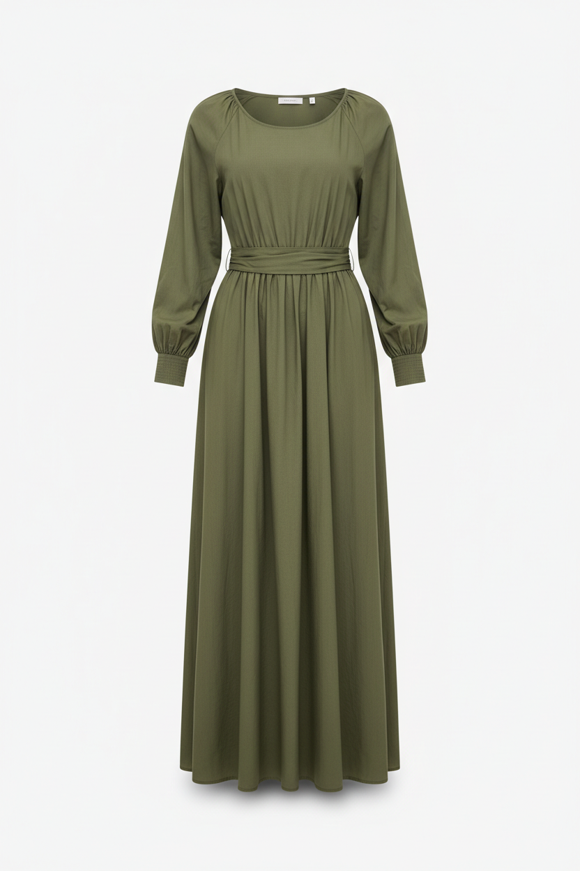 Cotton Long Sleeve Maxi Dress with Cinched Waist in olive