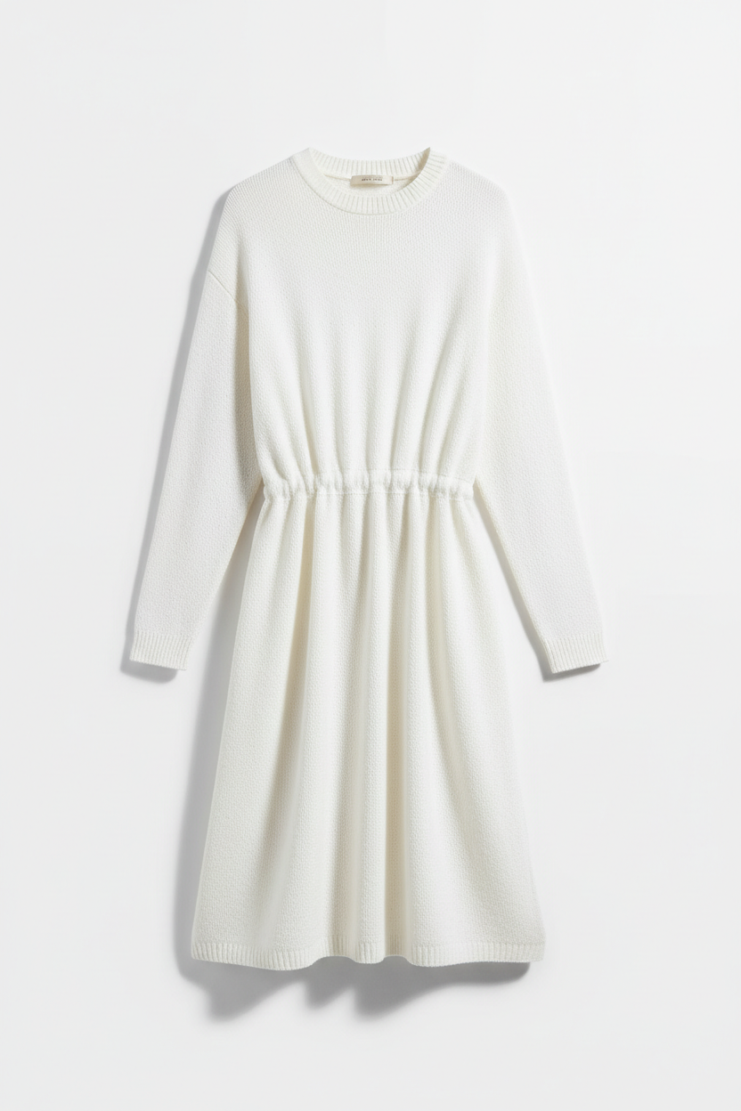 Cotton Knee Length Sweater Dress in white
