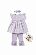 Girls pastel lavender cotton ruffle leggings styled with matching lavender gingham flutter sleeve dress