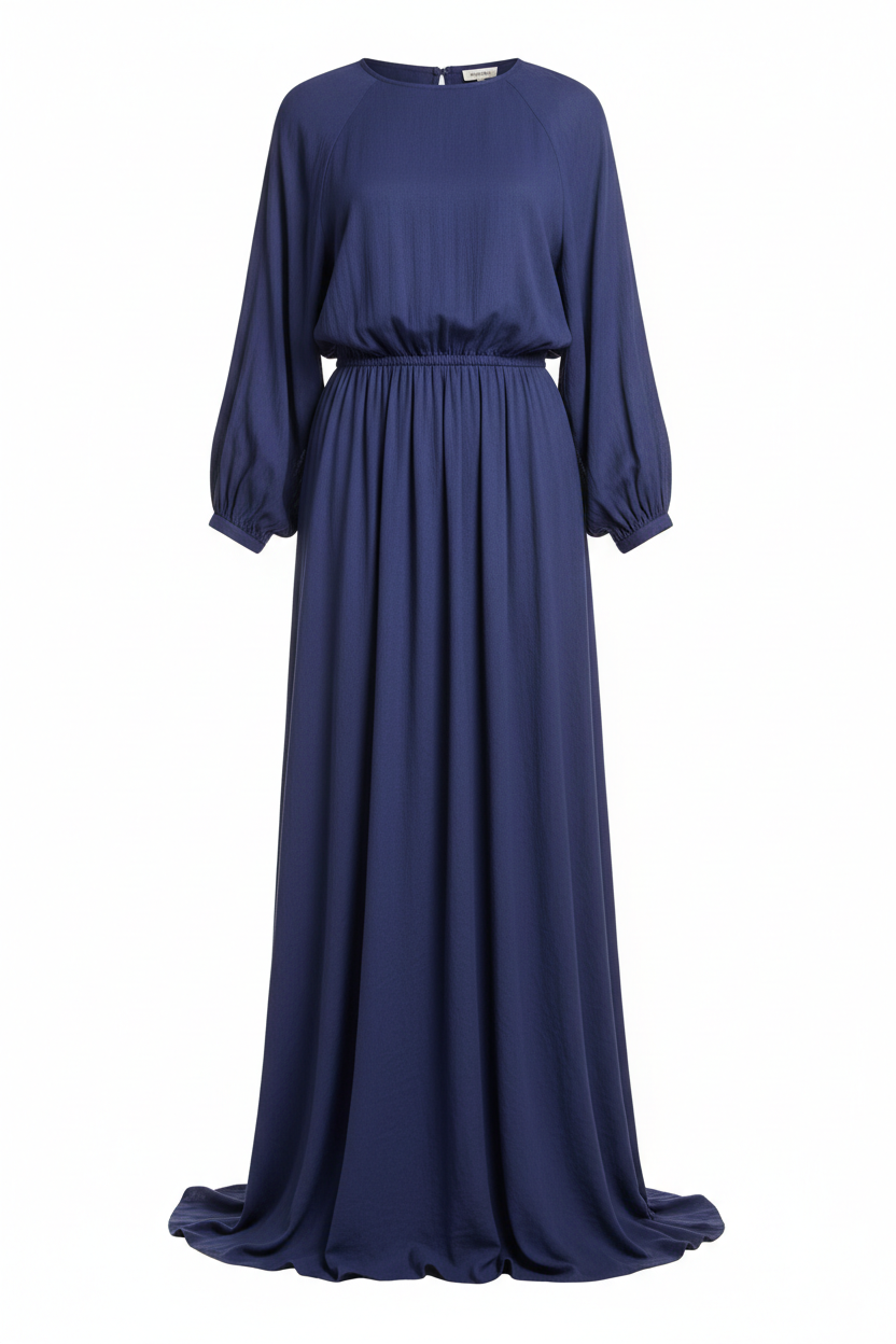 Cotton Long Sleeve Maxi Dress with Cinched Waist in blue