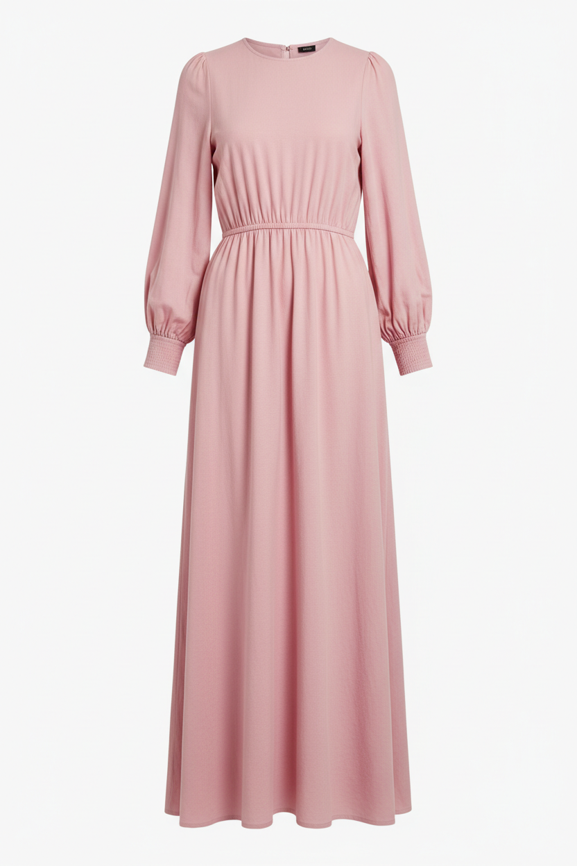 Cotton Long Sleeve Maxi Dress with Cinched Waist in pink