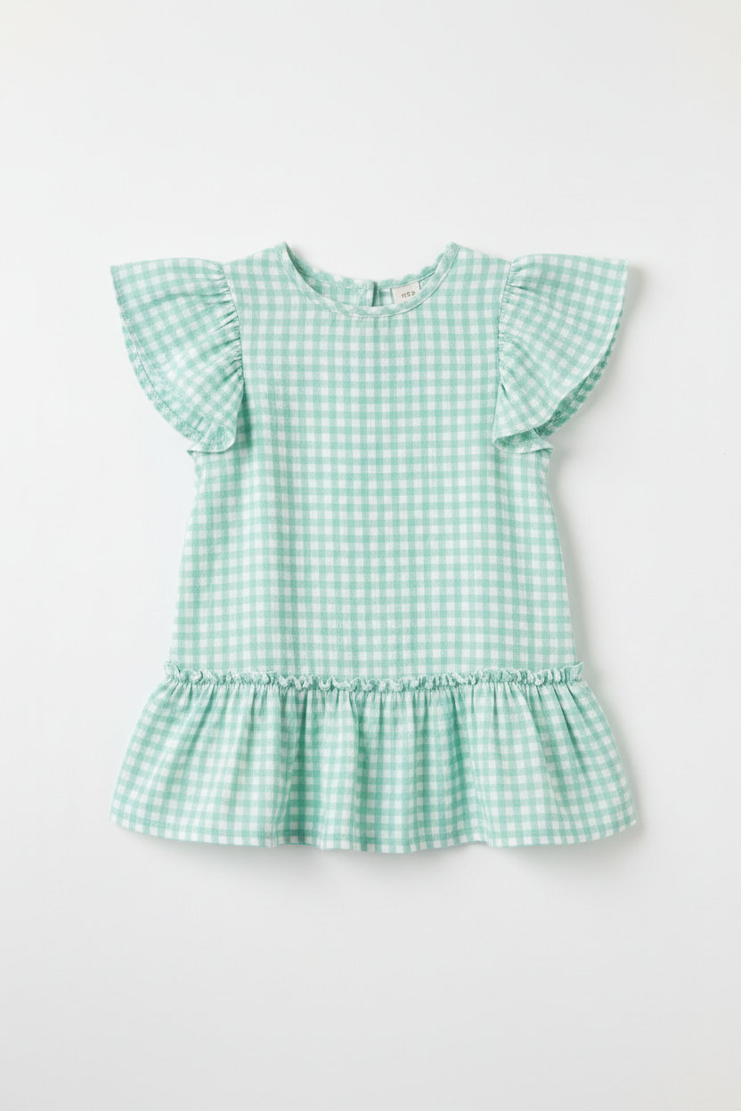 Girls flutter sleeve dress in pastel mint gingham print