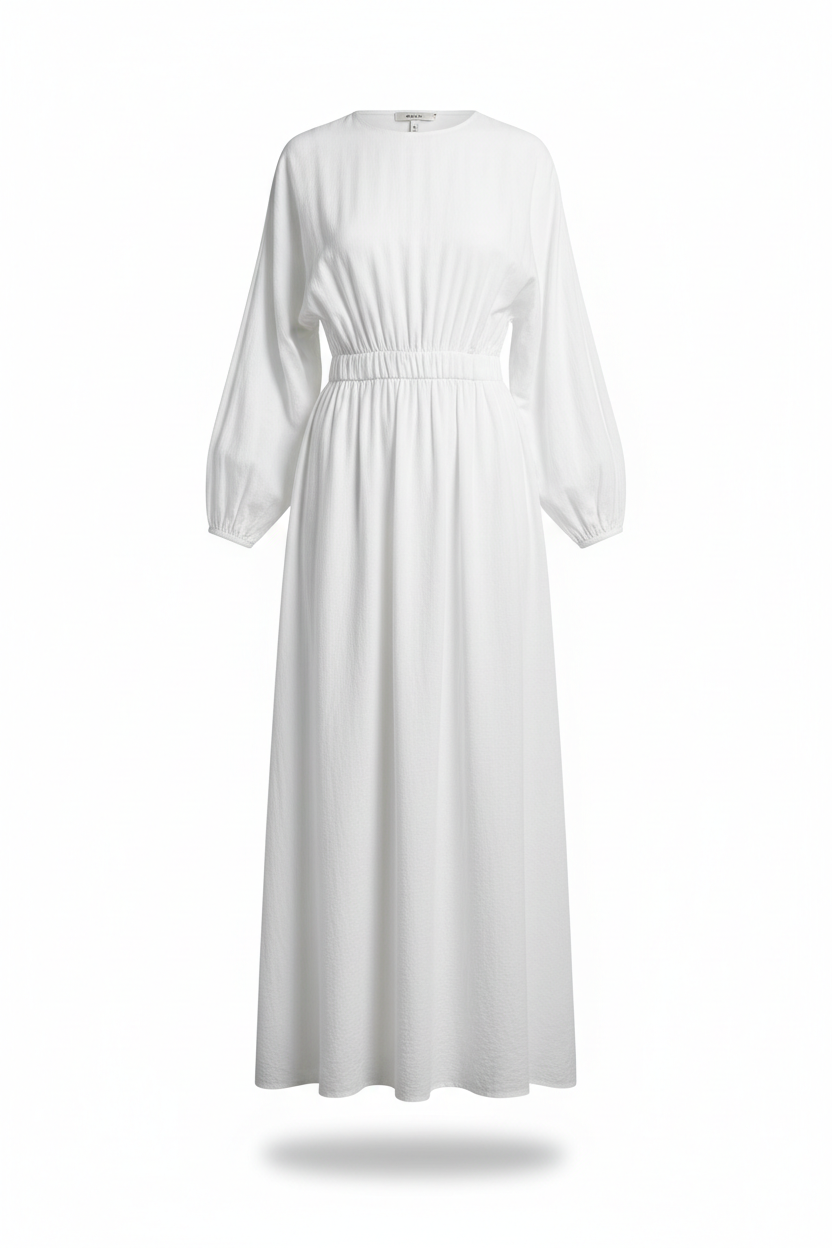 Cotton Long Sleeve Maxi Dress with Cinched Waist in white