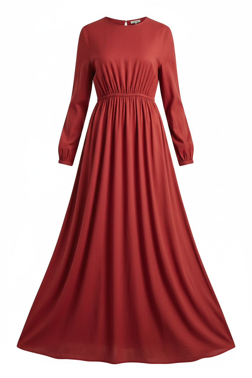 Cotton Long Sleeve Maxi Dress with Cinched Waist in red