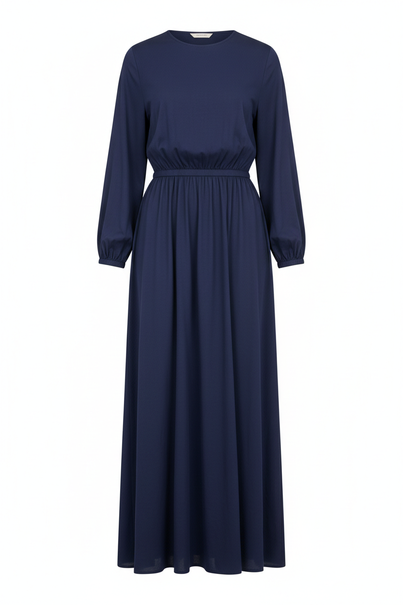 Cotton Long Sleeve Maxi Dress with Cinched Waist in navy