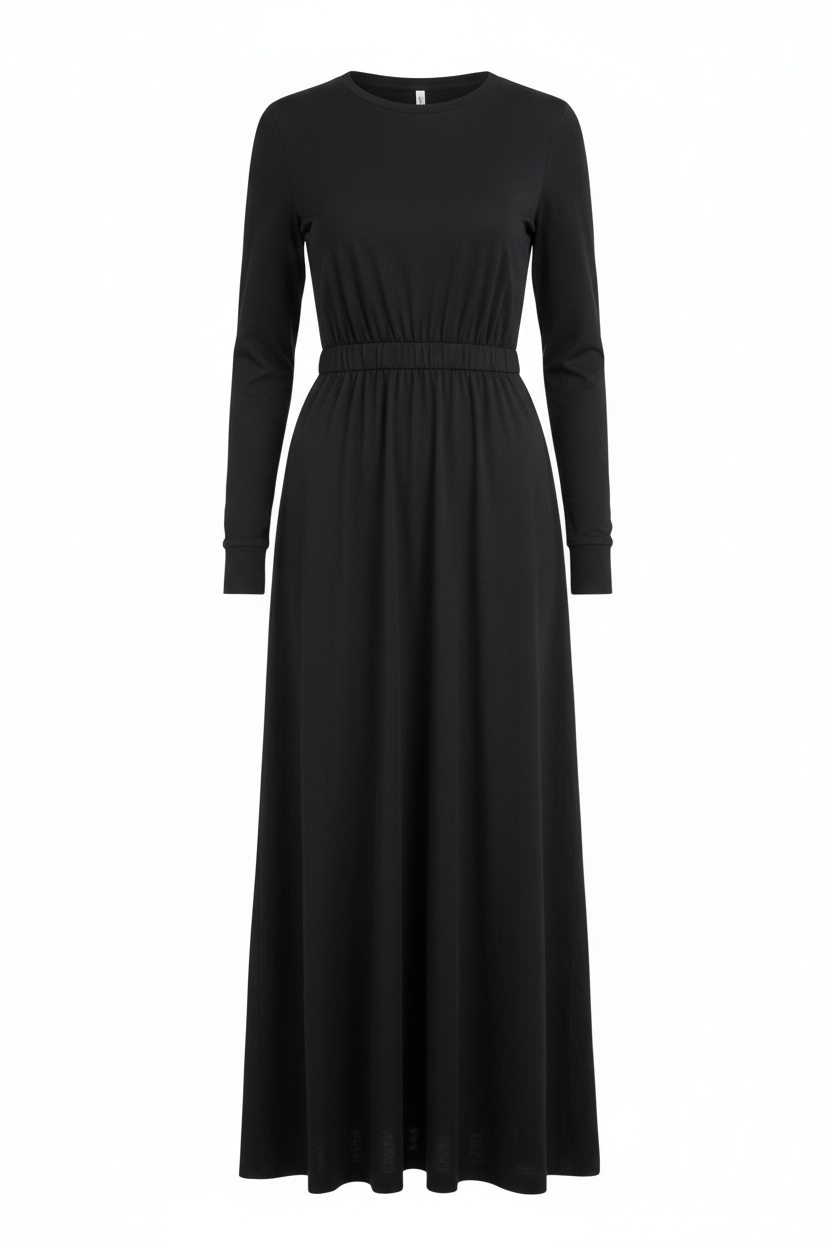 Cotton Long Sleeve Maxi Dress with Cinched Waist in black