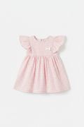 Girls flutter sleeve dress in pastel pink gingham print