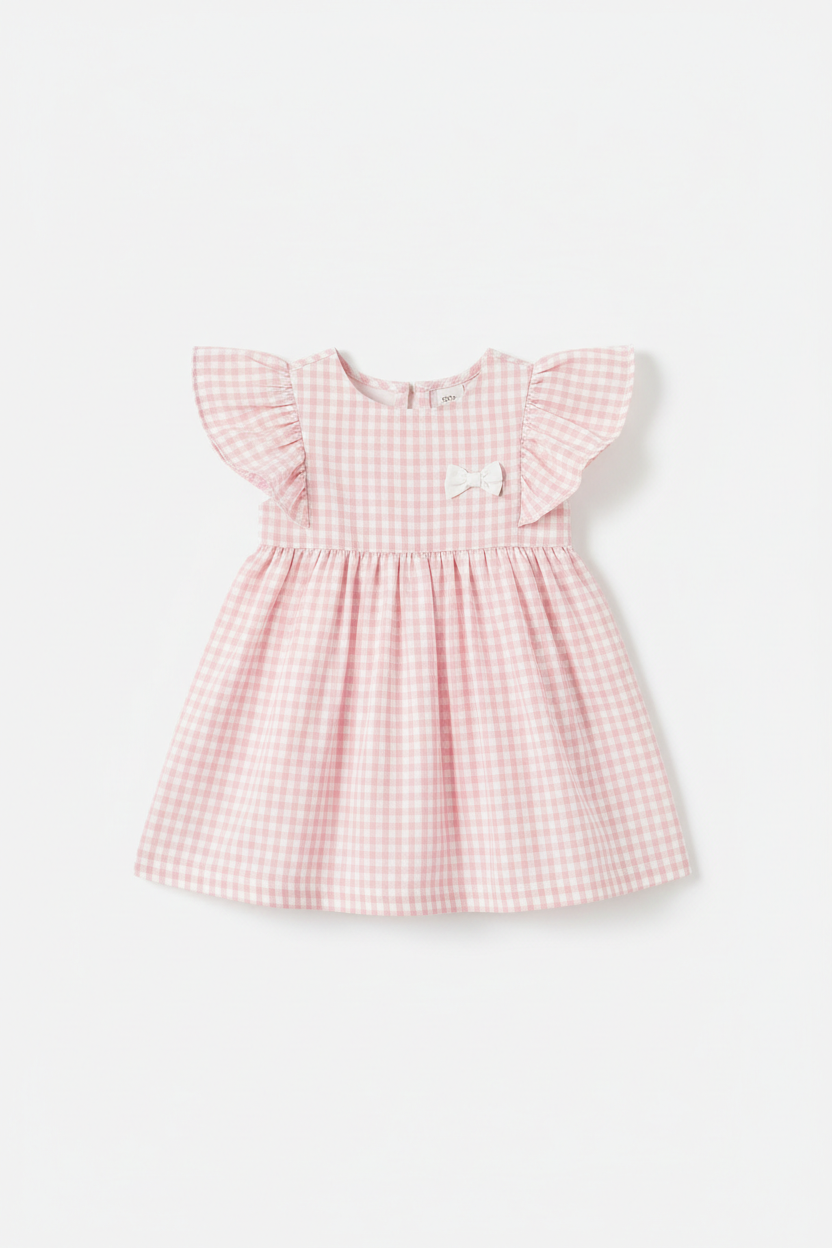 Girls flutter sleeve dress in pastel pink gingham print