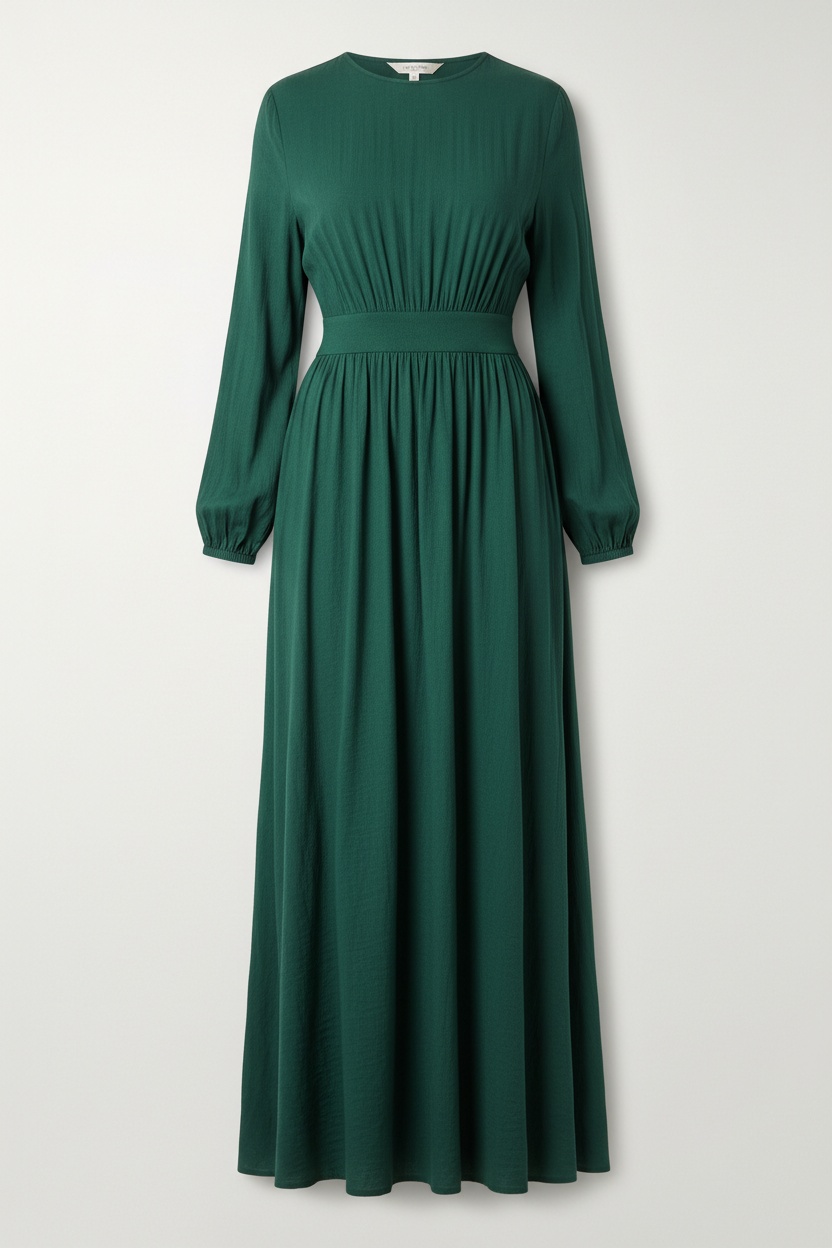 Cotton Long Sleeve Maxi Dress with Cinched Waist in green