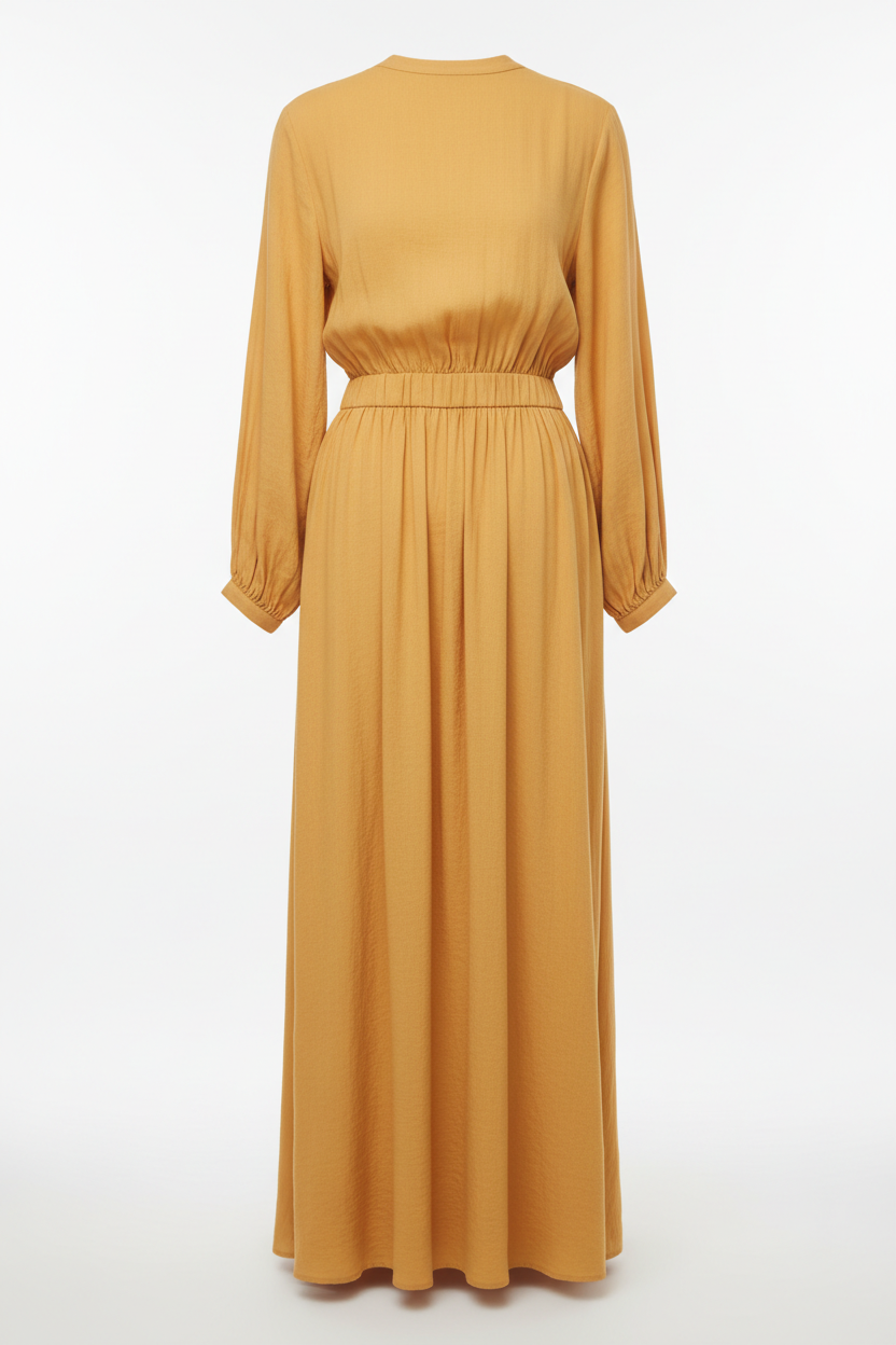 Cotton Long Sleeve Maxi Dress with Cinched Waist in yellow