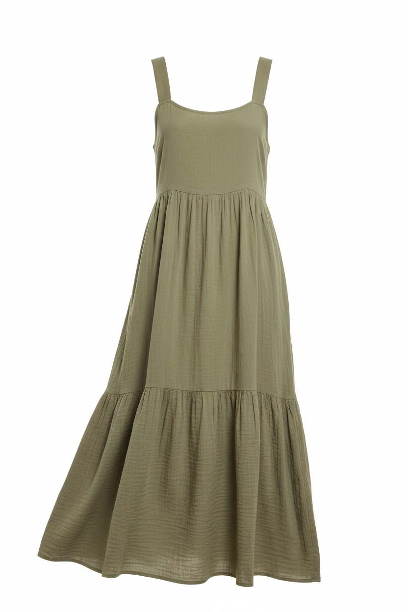 Pure Cotton Casual Sundress in olive with wide shoulder straps