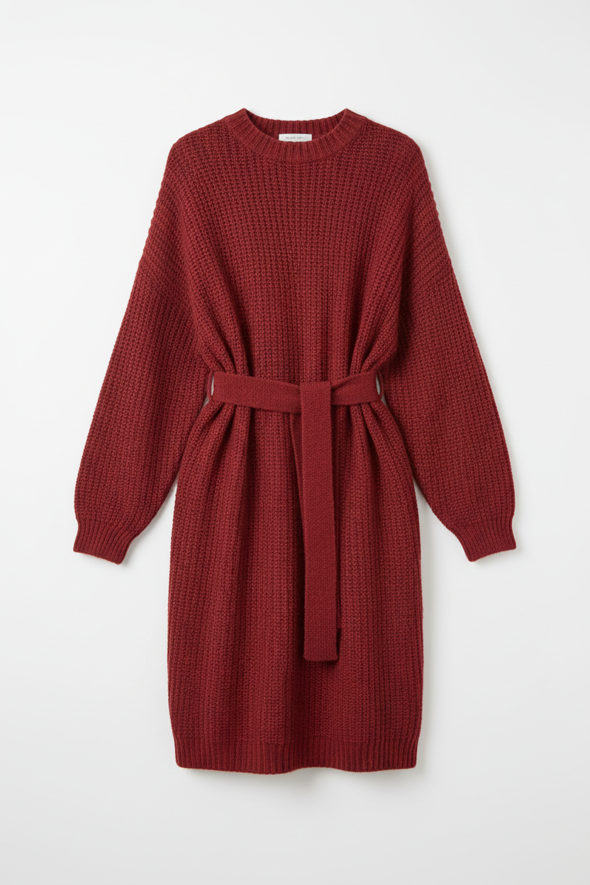 Cotton Knee Length Sweater Dress in red