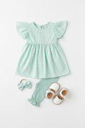Girls pastel mint cotton ruffle leggings styled with matching mint gingham flutter sleeve dress