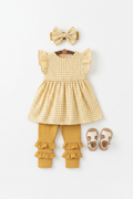 Girls butter yellow cotton ruffle leggings styled with matching yellow gingham flutter sleeve dress