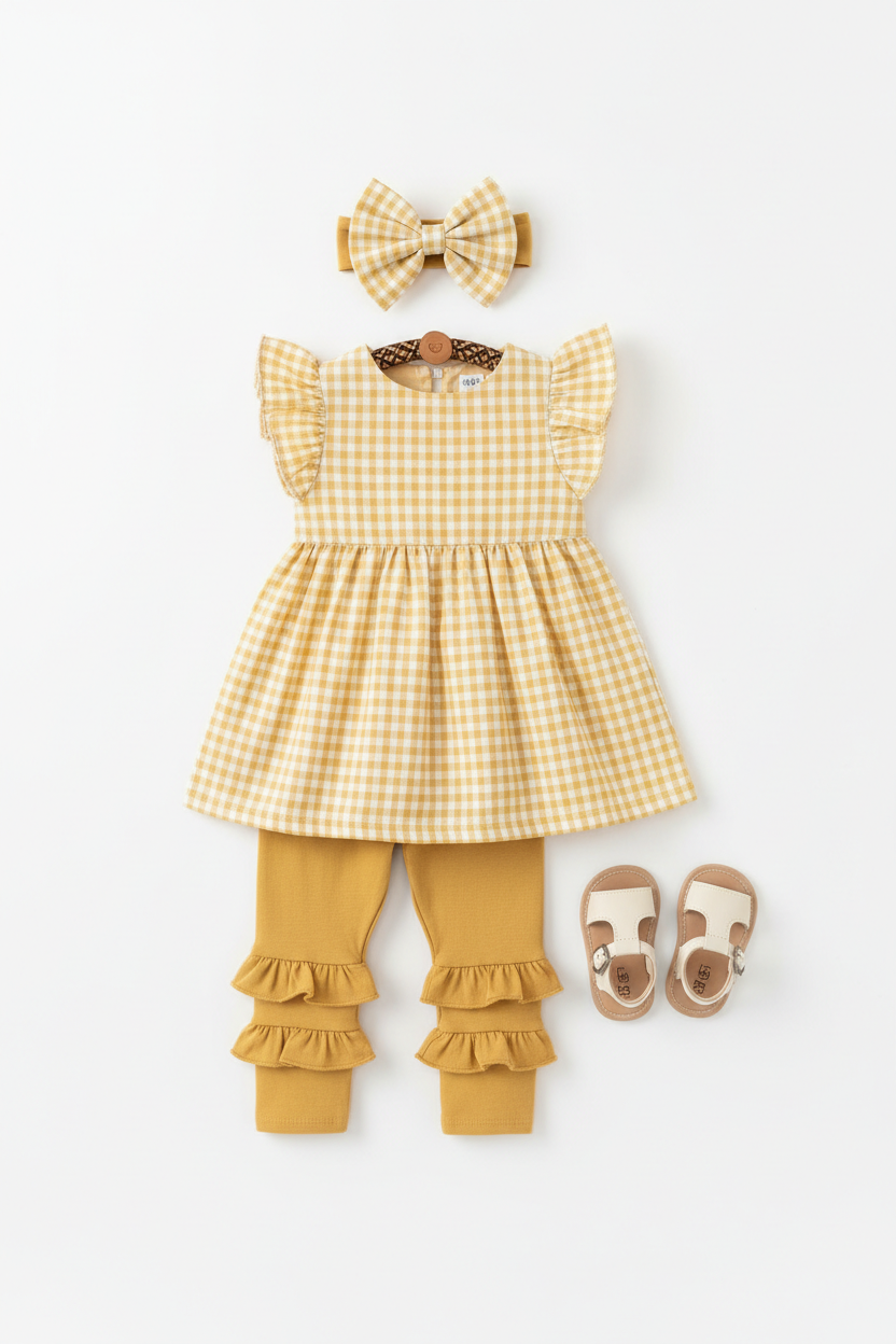 Girls butter yellow cotton ruffle leggings styled with matching yellow gingham flutter sleeve dress