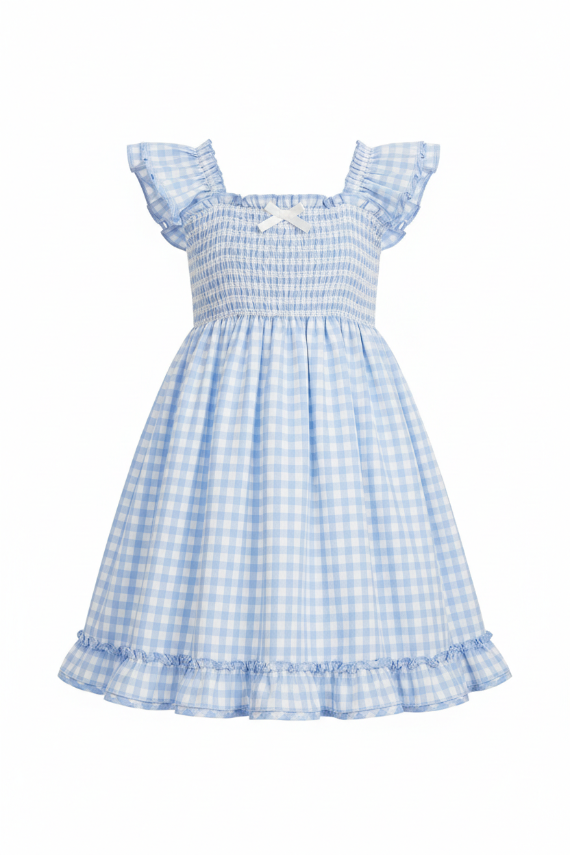 Girls flutter sleeve dress in pastel baby blue gingham print