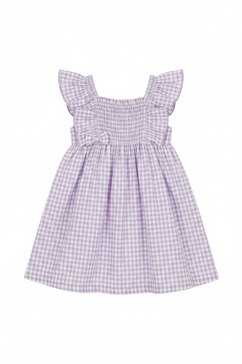 Girls flutter sleeve dress in pastel lavender gingham print